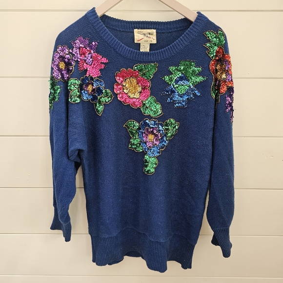 SML Sport Sweaters - Vintage sequined floral knit sweater in royal blue sz Small